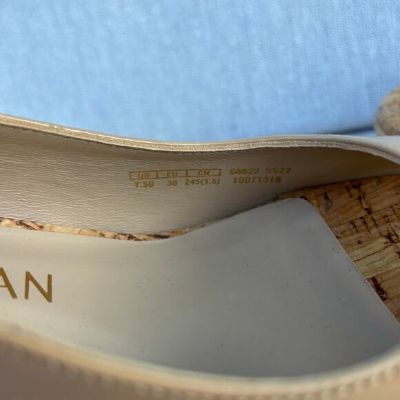STUART WEITZMAN Wms Sz 7.5 Nude Patent-Leather Cork-Wedge Pumps 3.8" Heels SPAIN - Picture 8 of 8